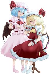 Rule 34 | 2girls, absurdres, ascot, bat wings, blonde hair, blue hair, brown wings, collared shirt, crystal, flandre scarlet, frilled shirt collar, frilled skirt, frilled sleeves, frills, full body, hat, highres, long hair, mikan (manmarumikan), mob cap, multiple girls, one side up, pink hat, pink shirt, pink skirt, red ascot, red eyes, red skirt, remilia scarlet, shirt, short hair, short sleeves, siblings, sisters, skirt, socks, touhou, transparent background, white hat, white shirt, white socks, wings, wrist cuffs, yellow ascot