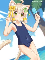 Rule 34 | 1girl, :q, ahoge, animal ear fluff, animal ears, armpits, arms up, artist name, beach, blonde hair, blue one-piece swimsuit, bow, cat ears, cat girl, cat tail, cloud, covered navel, food, green eyes, hair bow, hair ornament, hairclip, hazakura hinata, highres, looking at viewer, ocean, old school swimsuit, one-piece swimsuit, original, popsicle, ribbon, school swimsuit, short hair, sky, smile, solo, swimsuit, tail, thighs, tongue, tongue out, tree, v