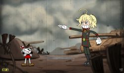Rule 34 | 1930s (style), 1boy, 1girl, adjusting clothes, ahoge, andro juniarto, angry, belt, blonde hair, blue eyes, brown footwear, buttons, crossover, cuphead, cuphead (game), double-breasted, drinking straw, fake screenshot, gameplay mechanics, gem, gloves, health bar, high collar, long sleeves, military, military uniform, outdoors, parody, ponytail, retro artstyle, salute, standing, straight-arm salute, style parody, tanya degurechaff, teeth, toon (style), uniform, video game, white gloves, youjo senki
