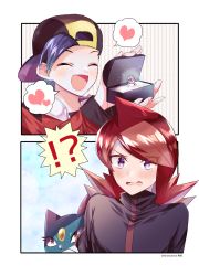 Rule 34 | !?, 2boys, ^ ^, ahoge, backwards hat, blue hair, blush, closed eyes, commission, commissioner upload, couple, creatures (company), engagement ring, ethan (pokemon), fantasydolce, game freak, gen 2 pokemon, happy, hat, heart, highres, jacket, jewelry, male focus, marriage proposal, multiple boys, nintendo, ornate ring, pokemon, pokemon (creature), pokemon hgss, purple eyes, red hair, ring, silver (pokemon), sneasel, speech bubble, yaoi