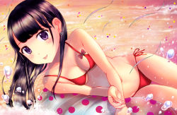 Rule 34 | 1girl, :p, backlighting, bare arms, bare shoulders, bikini, black hair, blunt bangs, blush, bow, breasts, cleavage, collarbone, confetti, earrings, heart, heart earrings, innertube, jewelry, long hair, looking at viewer, lying, medium breasts, navel, neuron (exceed), on side, orange sky, original, polka dot, polka dot innertube, purple eyes, red bikini, red bow, sky, solo, splashing, stomach, swim ring, swimsuit, thigh gap, tongue, tongue out, water, water drop