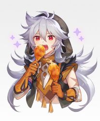Rule 34 | 1boy, 99plum, bandaged arm, bandages, chicken leg, cropped torso, eating, food, genshin impact, gloves, gradient background, grey background, grey hair, hair between eyes, highres, holding, holding food, hood, hood up, long hair, male focus, open mouth, orange gloves, razor (genshin impact), red eyes, scar, scar on arm, scar on face, simple background, solo, sparkle, tassel, twitter username, upper body
