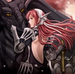 Rule 34 | 1girl, armor, artist name, axe, back, cherche (fire emblem), closed mouth, dragon, fire emblem, fire emblem awakening, from behind, hairband, highres, holding, holding axe, long hair, looking at viewer, looking back, minerva (fire emblem awakening), nintendo, pink eyes, pink hair, schereas, upper body, white hairband, wyvern