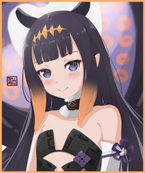 Rule 34 | 1girl, absurdres, artist logo, black dress, black hair, blue eyes, blunt bangs, blurry, border, choker, cleavage cutout, clothing cutout, depth of field, detached sleeves, dress, flat chest, fur-trimmed choker, fur trim, halo, highres, hololive, hololive english, knot, long hair, looking at viewer, mole, mole under eye, ninomae ina&#039;nis, ninomae ina&#039;nis (1st costume), orange border, pointy ears, shiyarou, sidelocks, single detached sleeve, smile, solo, strapless, strapless dress, tentacle hair, tentacles, upper body, very long hair, virtual youtuber, white sleeves