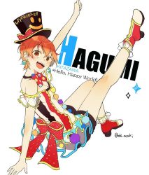 Rule 34 | 1girl, :d, back bow, bang dream!, black hat, boots, bow, bowtie, breasts, brown eyes, character name, cleavage, group name, hair between eyes, hat, hat bow, headwear writing, high heel boots, high heels, kitazawa hagumi, leg up, looking at viewer, open mouth, orange hair, polka dot neckwear, pom pom (clothes), print headwear, raised fist, red bow, red bowtie, see-through, shino yuki, short hair, sitting, small breasts, smile, smiley face, solo, teeth, top hat, twitter username, upper teeth only, white background