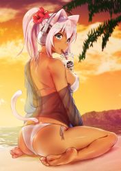 Rule 34 | 1girl, animal ears, bikini, blush, breasts, bubble tea, bubble tea challenge, cat ears, cat tail, cup, disposable cup, drink, drinking, drinking straw, feet, ganari ryuu, green eyes, headphones, headset, highres, large breasts, long hair, looking at viewer, object on breast, original, pink hair, smile, solo, super tama musume, swimsuit, tail, tamatoys, tan