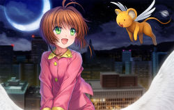 Rule 34 | 1990s (style), 1girl, antenna hair, blush, brown hair, cardcaptor sakura, cityscape, cloud, flying, green eyes, kero (cardcaptor sakura), kinomoto sakura, looking at another, moon, mutsuki (moonknives), night, night sky, open mouth, pajamas, retro artstyle, short hair, sky, smile, solo, star (sky), star (symbol), wand, wings