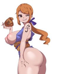 Rule 34 | 1girl, absurdres, ass, ass grab, bag, breasts, breasts out, coffing, curvy, dutheg123, exhibitionism, grabbing own ass, highres, holding, holding bag, huge ass, large breasts, looking back, nami (one piece), nipples, no bra, one eye closed, one piece, orange hair, public indecency, smile, solo, tattoo, teasing, thick thighs, thighs, third-party edit, white background, wink