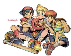 Rule 34 | 3boys, 9twoeight, baseball bat, baseball cap, black hair, blonde hair, blue eyes, blue footwear, blush, closed mouth, copyright name, green eyes, hat, highres, looking at another, lucas (mother 3), male focus, mother (game), mother 1, mother 2, mother 3, multiple boys, ness (mother 2), ninten, nintendo, open mouth, red footwear, red headwear, red socks, shirt, shoes, short hair, short sleeves, simple background, sitting, snake, sneakers, socks, striped clothes, striped shirt, teeth, upper teeth only, white background, white socks, yellow footwear
