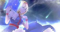 Rule 34 | 1girl, alice margatroid, blonde hair, blue dress, blue eyes, bob cut, book, breasts, capelet, comet, commentary request, crescent moon, dress, frilled cuffs, glowing, glowing eyes, hair between eyes, hairband, hand on own chest, hands up, hexagram, highres, holding, holding book, hybrid (1212apro), jewelry, large breasts, light particles, long dress, looking at viewer, moon, night, night sky, open book, parted lips, red hairband, red neckwear, red ribbon, red sash, ribbon, ring, sash, short hair, sidelocks, sky, solo, star (sky), star (symbol), starry background, starry sky, string, touhou, white capelet, wrist cuffs