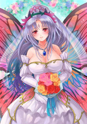 Rule 34 | 1girl, akuru (akr369akr), alternate costume, bare shoulders, blush, bouquet, breasts, bridal veil, bride, butterfly wings, cleavage, commentary request, commission, detached sleeves, dress, facial mark, fairy, fairy wings, female focus, fire emblem, fire emblem heroes, flower, forehead mark, holding, holding bouquet, insect wings, jewelry, large breasts, long dress, long hair, looking at viewer, necklace, nintendo, parted bangs, pendant, pink flower, pink rose, plumeria (fire emblem), ponytail, purple hair, red eyes, red flower, red rose, rose, skeb commission, smile, solo, strapless, strapless dress, tears, veil, wedding dress, white dress, white sleeves, wings, yellow flower, yellow rose