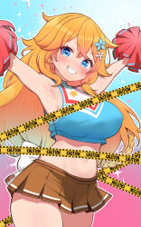 Rule 34 | 1girl, alternate costume, armpits, arms up, blonde hair, blue background, blue eyes, blush, breasts, brown skirt, caution tape, cheerleader, commentary request, commission, cowboy shot, crossed bangs, flower, gradient background, grin, hair flower, hair ornament, highres, kani bonara, large breasts, long hair, looking at viewer, microskirt, navel, nijisanji, otogibara era, pink background, pleated skirt, pom pom (cheerleading), skeb commission, skirt, smile, solo, stomach, virtual youtuber