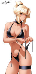 Rule 34 | 1girl, bikini, black bikini, black collar, blonde hair, breasts, collar, commentary, english commentary, fate/stay night, fate (series), highleg, highleg bikini, highres, medium breasts, mordred (fate), mordred (fate) (all), mordred (swimsuit rider) (fate), navel, short ponytail, simple background, solo, stomach, swimsuit, thigh strap, tying, untied bikini, white background, yellow eyes, zealyush