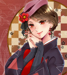 Rule 34 | 1girl, braid, brown hair, checkered background, closed mouth, eyelashes, flower, hat, hat flower, head tilt, itoko (i t k), japanese clothes, lace, layered clothes, long sleeves, looking at viewer, meiko (vocaloid), nail polish, own hands together, purple hat, red eyes, red flower, red lips, red nails, sleeves past wrists, smile, solo, upper body, vocaloid, wide sleeves