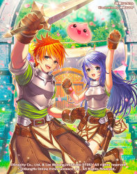 Rule 34 | 1boy, 1girl, arm up, armor, artist name, belt, blue hair, boobplate, boots, breastplate, brown belt, brown footwear, brown gloves, brown pants, brown skirt, clenched hand, dagger, day, fist pump, gate, gloves, grass, green shirt, grey eyes, holding, holding dagger, holding knife, holding weapon, jumping, kamui natsuki, knife, long hair, looking at viewer, novice (ragnarok online), official art, open mouth, orange hair, outdoors, pants, petals, poring, pouch, ragnarok masters, ragnarok online, shirt, short hair, short sleeves, skirt, slime (creature), stairs, stone stairs, teeth, tree, upper teeth only, watermark, weapon