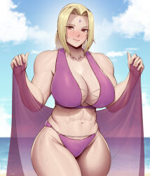 Rule 34 | 1girl, abs, absurdres, bikini, blonde hair, blue sky, breasts, closed mouth, cloud, day, facial mark, forehead mark, highres, huge breasts, looking at viewer, muscular, muscular female, naruto, naruto (series), orange eyes, outdoors, purple bikini, sky, smile, solo, speedl00ver, swimsuit, tsunade (naruto)