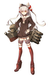Rule 34 | 10s, 1girl, amatsukaze (kancolle), choker, chou-10cm-hou-chan, chromatic aberration, dress, full body, garter straps, gloves, hair tubes, hands on own hips, highres, kantai collection, long hair, looking at viewer, machinery, red thighhighs, rensouhou-kun, sailor dress, silver hair, simple background, single glove, so-bin, solo, thighhighs, torpedo, two side up, very long hair, white background, yellow eyes