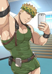 Rule 34 | 1boy, abs, armband, bara, belt, blonde hair, bodysuit, brown eyes, bulge, closed mouth, covered abs, covered erect nipples, ero condo, facial hair, green bodysuit, green hairband, hairband, highres, holding, holding phone, kienbiu, large pectorals, looking at phone, male focus, muscular, muscular male, nipples, official art, pectorals, phone, punt (kienbiu), short hair, skin tight, sleeveless, solo, spiked hair, thick thighs, thighs, wristband