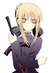 Rule 34 | 00s, 1girl, anii, artoria pendragon (all), artoria pendragon (fate), blonde hair, excalibur morgan (fate), fate/stay night, fate (series), official alternate costume, saber (fate), saber alter, simple background, solo, spiral ladder, sword, weapon, yellow eyes