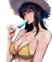Rule 34 | 1girl, bikini, black hair, blue eyes, blue nails, breasts, cleavage, collarbone, eating, food in mouth, hat, highres, ice cream bar, large breasts, long hair, long nose, looking at viewer, melting, mixed-language commentary, nico robin, one piece, popsicle, popsicle in mouth, solo, straw hat, swimsuit, upper body, vcais, white background, yellow bikini