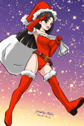 Rule 34 | 1girl, alternate costume, artist name, asymmetrical bangs, belt, black eyes, black hair, boots, brown belt, christmas, commentary, dated, full body, fur-trimmed leotard, fur trim, girls und panzer, gloves, gradient sky, hat, holding, holding sack, leotard, long hair, looking at viewer, matsui yasutsugu, nishi kinuyo, open mouth, over shoulder, red footwear, red gloves, red hat, red leotard, sack, salute, santa boots, santa costume, santa gloves, santa hat, signature, sky, smile, solo, standing, star (sky), starry sky, straight hair, strapless, strapless leotard, thigh boots, thighhighs