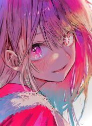 Rule 34 | 1girl, blonde hair, blush, commentary, highres, hoshino ruby, looking at viewer, looking back, mismatched pupils, noname naname, oshi no ko, pink eyes, portrait, smile, solo, star-shaped pupils, star (symbol), symbol-only commentary, symbol-shaped pupils