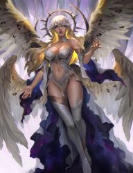 Rule 34 | 1girl, angel, angel wings, breasts, cleavage, commission, glowing, glowing eyes, glowing hair, highres, lianeige, looking at viewer, medium breasts, midriff, mole, mole under mouth, navel, original, red lips, revealing clothes, smile, solo, thighhighs, white hair, wings, yellow eyes