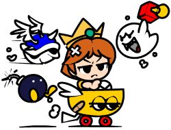 Rule 34 | . ., annoyed, baby daisy, bandaged head, bandages, blank eyes, blue shell (mario), bob-omb, boo (mario), brown hair, child, closed mouth, crossed bandaids, crown, driving, exhaust pipe, flat color, floating, fuse, gameplay mechanics, ghost, go-kart, half-closed eyes, happy, jaggy lines, mario (series), mario kart, mario kart 8, motion lines, nintendo, open mouth, princess daisy, sharp teeth, shell, short hair, short sleeves, sidelocks, simple background, sitting, sketch, smile, steering wheel, teeth, theft, upper body, v-shaped eyebrows, vilepluff, white background, white eyes, white wings, wings, yellow headwear, aged down
