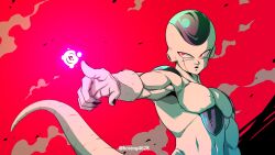 Rule 34 | 1boy, absurdres, aiming, commentary, dragon ball, dragonball z, frieza, highres, horang4628, korean commentary, male focus, muscular, muscular male, navel, red background, red eyes, solo, tail, twitter username, upper body