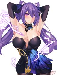Rule 34 | 1girl, animal ears, armpits, arms behind head, blush, breasts, cleavage, dress, fignya, genshin impact, keqing (genshin impact), large breasts, legs, long hair, looking at viewer, purple eyes, purple hair, smile, solo, thick thighs, thighs, twintails