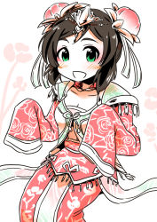 Rule 34 | 1girl, artist request, black hair, blush, breasts, brown hair, chinese clothes, collarbone, double bun, dress, eyelashes, female focus, floral background, floral print, flower hair ornament, green eyes, hair bun, hair ornament, happy, idolmaster, idolmaster cinderella girls, invisible chair, jiangshi costume, long dress, long hair, long sleeves, namco, neck, open mouth, partially colored, print dress, red dress, sidelocks, sitting, small breasts, traditional media, yao fueifuei