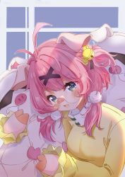 Rule 34 | 1girl, ahoge, animal ears, animal hands, bell, blouse, blush, breasts, chinese commentary, colored skin, dishy galaxr, frilled sleeves, frills, furry, furry female, girls&#039; frontline, glasses, hair bell, hair ornament, holding, holding pillow, hooves, hug, medium breasts, official alternate costume, parted lips, pig ears, pig girl, pig nose, pillow, pink hair, pink skin, pom pom (clothes), pom pom hair ornament, shadow, shirt, short twintails, simple background, solo, tabuk (girls&#039; frontline), tabuk (three little piggies rent a house) (girls&#039; frontline), tabuk (three little piggy renters) (girls&#039; frontline), thick eyebrows, twintails, two-tone background, upper body, x hair ornament, yellow shirt, yellow sleeves
