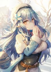 Rule 34 | 1girl, ahoge, bare shoulders, beret, blue hair, blush, braid, breasts, breath, center frills, commentary request, flower, frills, fur trim, hair between eyes, hair flower, hair ornament, half updo, hat, heart, heart ahoge, highres, hololive, large breasts, long hair, long sleeves, looking at viewer, nogi lief, open mouth, outdoors, pointy ears, smile, snow, snowflake hair ornament, solo, virtual youtuber, winter, yellow eyes, yukihana lamy