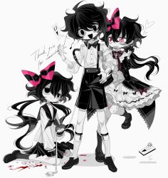Rule 34 | 1boy, 2girls, black bow, black bowtie, black dress, black eyes, black footwear, black hair, black shorts, blood, blue sclera, blush stickers, bow, bowtie, colored sclera, colored skin, commission, creature, dress, frilled dress, frills, grey socks, hair bow, highres, leash, long hair, meyou 0319, multiple girls, musical note, open mouth, original, pill, pink bow, red bow, red bowtie, sailor collar, school uniform, shirt, short hair, shorts, smile, socks, white background, white shirt, white skin, white socks, wire