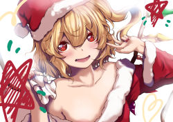 Rule 34 | 1girl, areola slip, bare shoulders, blonde hair, blush, crystal, fangs, flandre scarlet, flat chest, hair between eyes, hat, highres, large areolae, looking at viewer, off shoulder, one side up, open mouth, red eyes, santa costume, santa hat, simple background, smile, solo, touhou, white background, wings, yamataka