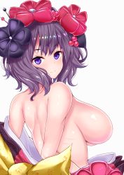 Rule 34 | 1girl, alternate breast size, back, blue eyes, blush, breasts, fate/grand order, fate (series), flower, hair flower, hair ornament, highres, japanese clothes, katsushika hokusai (fate), kimono, large breasts, looking at viewer, looking back, purple hair, purple kimono, sankakusui, sash, short hair, simple background, smile, solo, topless