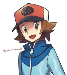 Rule 34 | 1boy, :d, artist name, baseball cap, blue jacket, brown eyes, brown hair, commentary request, creatures (company), game freak, hat, hilbert (pokemon), jacket, looking to the side, male focus, momoji (lobolobo2010), nintendo, open mouth, pokemon, pokemon bw, smile, solo, tongue, watermark, zipper pull tab