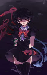 Rule 34 | 1girl, absurdres, arms behind back, asymmetrical wings, black dress, black hair, black thighhighs, bow, bowtie, closed mouth, commentary request, cowboy shot, dress, frills, glitch, highres, houjuu nue, ichirugi, looking at viewer, pointy ears, red bow, red bowtie, red eyes, shaded face, short hair, short sleeves, signature, smile, solo, standing, swept bangs, thighhighs, touhou, tsurime, wings, zettai ryouiki
