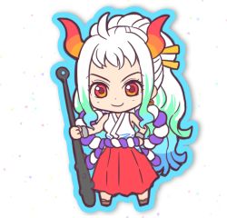 Rule 34 | 1girl, ahoge, aqua hair, bare arms, bare shoulders, blue hair, chibi, closed mouth, club, club (weapon), cuffs, curled horns, earrings, full body, green hair, hair ornament, hair stick, hakama, hakama skirt, hand up, highres, holding, holding weapon, horns, iinano (inanosuke), japanese clothes, jewelry, kanabou, kataginu, looking at viewer, multicolored hair, multicolored horns, one piece, oni, orange horns, planted, red eyes, red horns, rope, shackles, shimenawa, sidelocks, skirt, smile, solo, standing, weapon, white hair, yamato (one piece), yellow horns