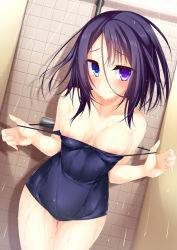 Rule 34 | 1girl, 3:, areola slip, black hair, blue eyes, blush, breasts, heterochromia, looking at viewer, nipples, nishi minami, one-piece swimsuit, original, purple eyes, school swimsuit, short hair, showering, small breasts, solo, suterii, swimsuit, thigh gap, tile wall, tiles, undressing