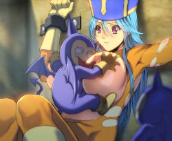 Rule 34 | 1girl, bdsm, between breasts, blue hair, bondage, bound, breast smother, breasts, dragon quest, dragon quest iii, face to breasts, grabbing, grabbing another&#039;s breast, hat, homare (fool&#039;s art), large breasts, licking, licking nipple, long hair, monster, nipple stimulation, nipples, person between breasts, priest (dq3), short guy, size difference, tongue, torn clothes