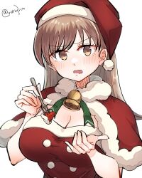 Rule 34 | 1girl, alternate costume, belt, breasts, brown eyes, brown hair, capelet, cleavage, commentary request, dress, food, fork, fruit, fur-trimmed capelet, fur-trimmed headwear, fur trim, hat, highres, kantai collection, long hair, looking at viewer, matsunaga (haku), medium breasts, ooi (kancolle), red capelet, red dress, red hat, santa hat, simple background, solo, strawberry, upper body, white background