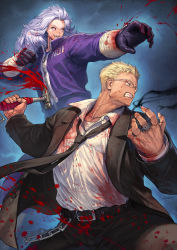 Rule 34 | 1boy, 1girl, absurdres, belt, black belt, black eyes, black gloves, black jacket, black neckwear, black pants, black suit, blonde hair, blood, blood splatter, blood on clothes, bloody weapon, blue background, blue eyes, clenched hand, clenched teeth, cowboy shot, dorohedoro, dress shirt, ear piercing, fighting stance, formal, glasses, gloves, hammer, hand up, hichi, highres, holding, holding hammer, jacket, korean commentary, long hair, long sleeves, looking away, magic, necktie, noi (dorohedoro), open hand, pants, piercing, purple jacket, red eyes, shin (dorohedoro), shirt, short hair, smile, stitches, suit, teeth, track suit, v-shaped eyebrows, weapon, white hair, white shirt, wrist wrap