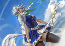 Rule 34 | 1girl, apron, black panties, blue dress, blue eyes, braid, breasts, cleavage, cloud, day, dress, dutch angle, garter straps, gears, hair over one eye, izayoi sakuya, jiam009, lace, lace-trimmed legwear, lace trim, lips, looking at viewer, maid, maid apron, medium breasts, panties, pantyshot, revision, silver hair, sky, solo, standing, thighhighs, touhou, twin braids, unbuttoned, underwear, upskirt, waist apron, watch, wrist cuffs