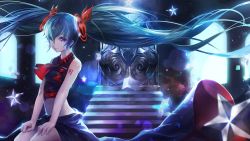 Rule 34 | 1girl, aqua hair, ascot, blue eyes, blurry, bokeh, breasts, closed mouth, depth of field, floating hair, hatsune miku, highres, hxxg, long hair, medium breasts, midriff, purple eyes, revision, shoulder tattoo, sitting, skirt, sleeveless, smile, solo, stairs, star (symbol), star print, tattoo, twintails, very long hair, vocaloid