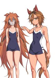 Rule 34 | 2girls, ahoge, animal ears, black hairband, brown hair, collarbone, commentary, competition school swimsuit, dog ears, durandal (racehorse), ear covers, ear ornament, feet out of frame, fukuro (maruaru00), genderswap, genderswap (mtf), hair between eyes, hairband, highres, horse ears, horse girl, long hair, mask, messy hair, mouth mask, multicolored hair, multiple girls, orfevre (umamusume) (old design), original, personification, pointing, pointing at another, reins, school swimsuit, shade, short hair, simple background, sketch, swimsuit, two-tone hair, umamusume, very long hair, white background, white hair, yellow eyes