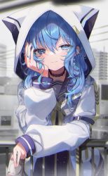 Rule 34 | 1girl, against railing, arm strap, black choker, blue eyes, blue hair, blush, bow, choker, city, closed mouth, cowboy shot, day, earrings, hand on own cheek, hand on own face, holding, hololive, hood, hood up, hooded jacket, hoshimachi suisei, hoshimachi suisei (school uniform), jacket, jewelry, juice box, light particles, long hair, long sleeves, looking at viewer, open clothes, open jacket, outdoors, railing, shiohana, sleeves past wrists, smile, solo, star (symbol), virtual youtuber, white jacket, yellow bow