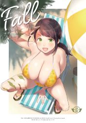 Rule 34 | 1girl, 41 (taskmaster41), bare shoulders, beach chair, beach umbrella, between legs, bikini, blush, breasts, brown hair, camouflage, camouflage pants, cleavage, collarbone, feet, floral print, green eyes, hand between legs, hand up, highres, idolmaster, idolmaster cinderella girls, large breasts, legs, long hair, looking at viewer, looking up, open mouth, pants, ponytail, sandals, sitting, smile, solo, swept bangs, swimsuit, thighs, umbrella, yamato aki, yellow bikini