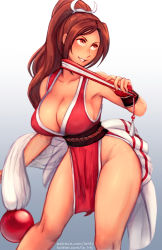 Rule 34 | 1girl, blush, breasts, brown hair, cleavage, curvy, fatal fury, feet out of frame, female focus, folded fan, folding fan, gradient background, grey background, hair ribbon, hand fan, highleg, holding, holding fan, iahfy, large breasts, long hair, ninja, orange eyes, parted bangs, parted lips, patreon username, pelvic curtain, ponytail, revealing clothes, ribbon, shiranui mai, smile, snk, solo, the king of fighters, thick thighs, thighs, twitter username, watermark, web address, white background, white ribbon, wide hips