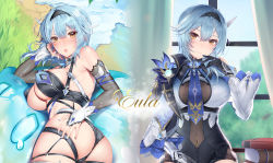 Rule 34 | 1girl, ass, au11, bare shoulders, black hairband, blue hair, blue neckwear, book, book stack, breasts, cape, character name, covered navel, eula (genshin impact), genshin impact, gloves, hair ornament, hairband, head rest, large breasts, leotard, long sleeves, looking at viewer, lying, medium hair, multiple views, necktie, on side, open mouth, purple eyes, slime (genshin impact), smile, thighs, upper body, window